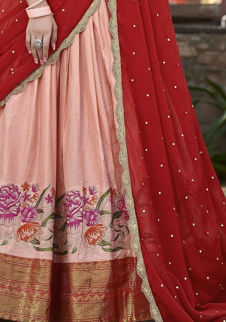Peach Embroidered Cotton Lehenga Set With Dupatta