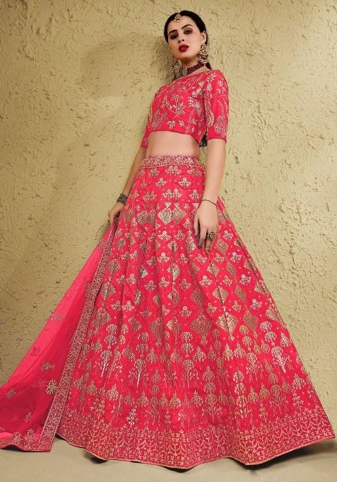 Peach Embroidered Silk Lehenga Set With Dupatta