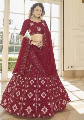 Red Embroidered Georgette Lehenga Set With Dupatta