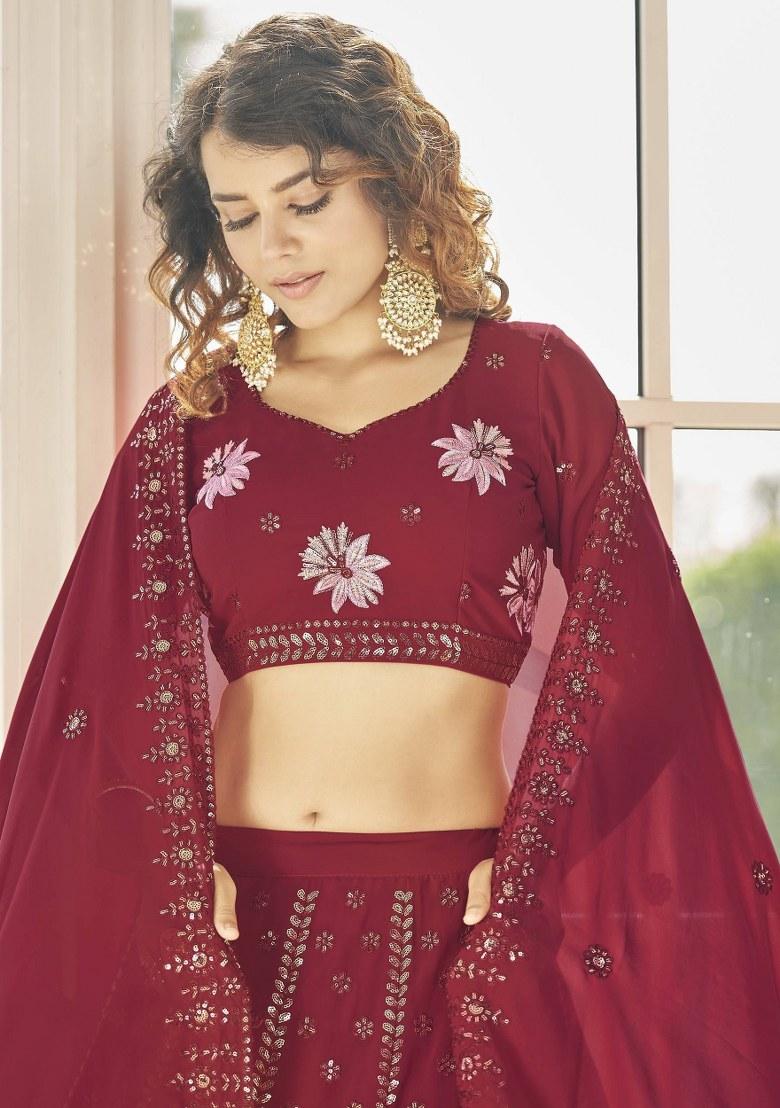 Red Embroidered Georgette Lehenga Set With Dupatta