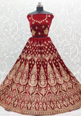 Red Embroidered Velvet Lehenga Set With Dupatta