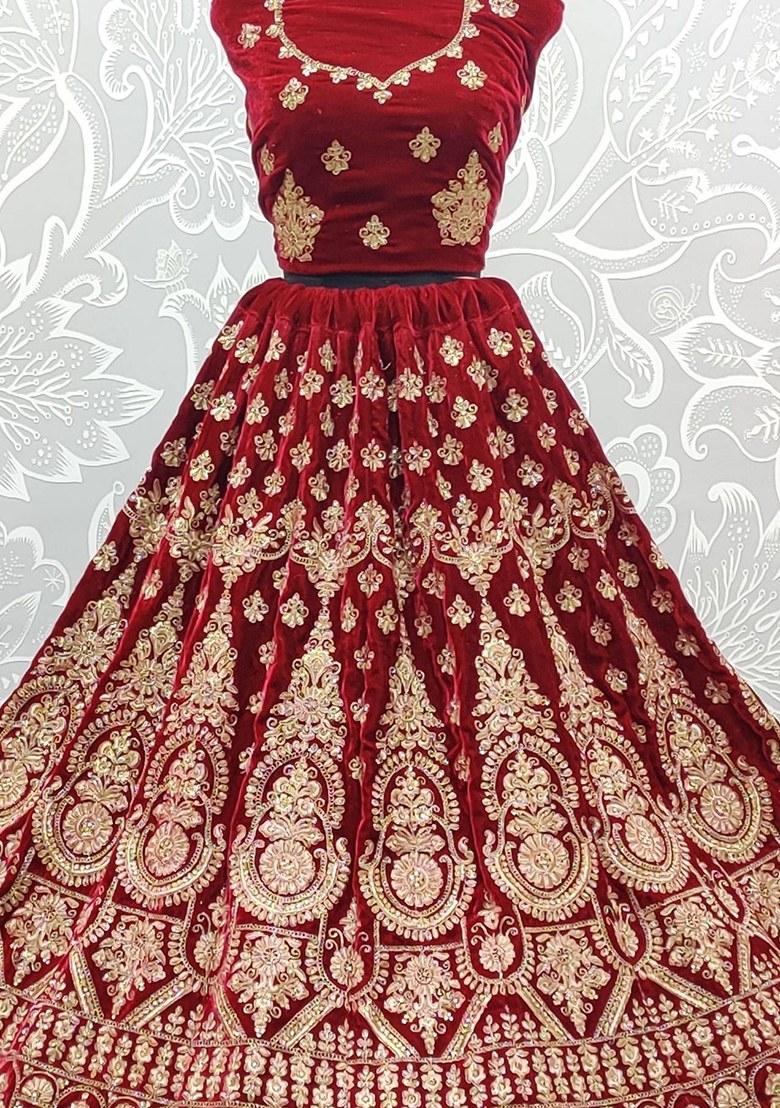 Red Embroidered Velvet Lehenga Set With Dupatta