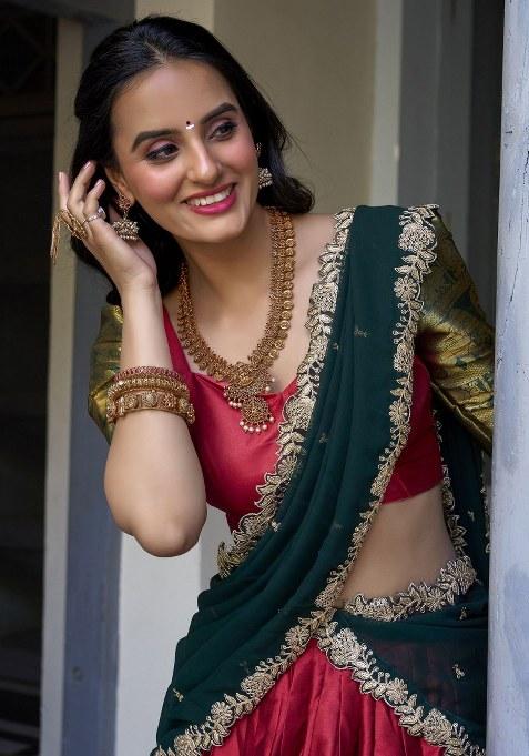 Red Embroidered Silk Lehenga Set With Dupatta — view on Indya