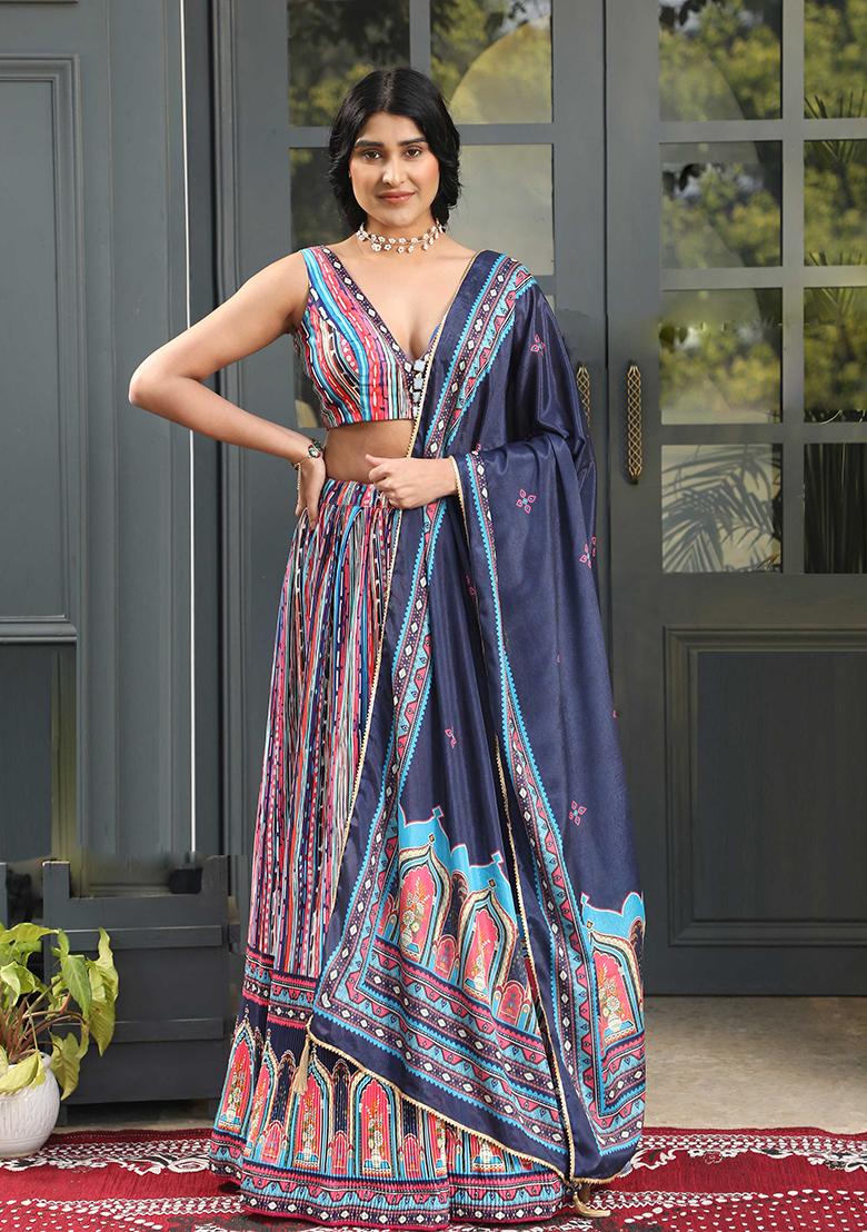 Multicolor Digital Print Satin Silk Lehenga Set