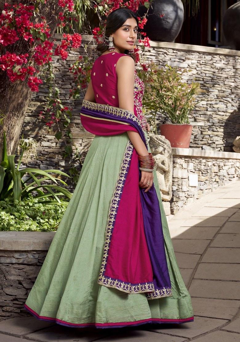 Green Embroidered Silk Lehenga Set With Dupatta