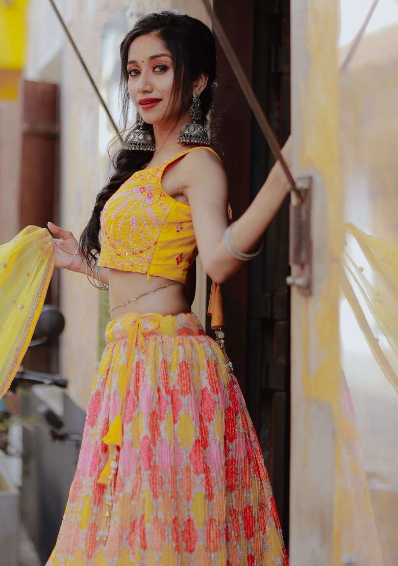 Yellow Printed Organza Lehenga Set With Dupatta for Diwali and Festive Wear - Indya