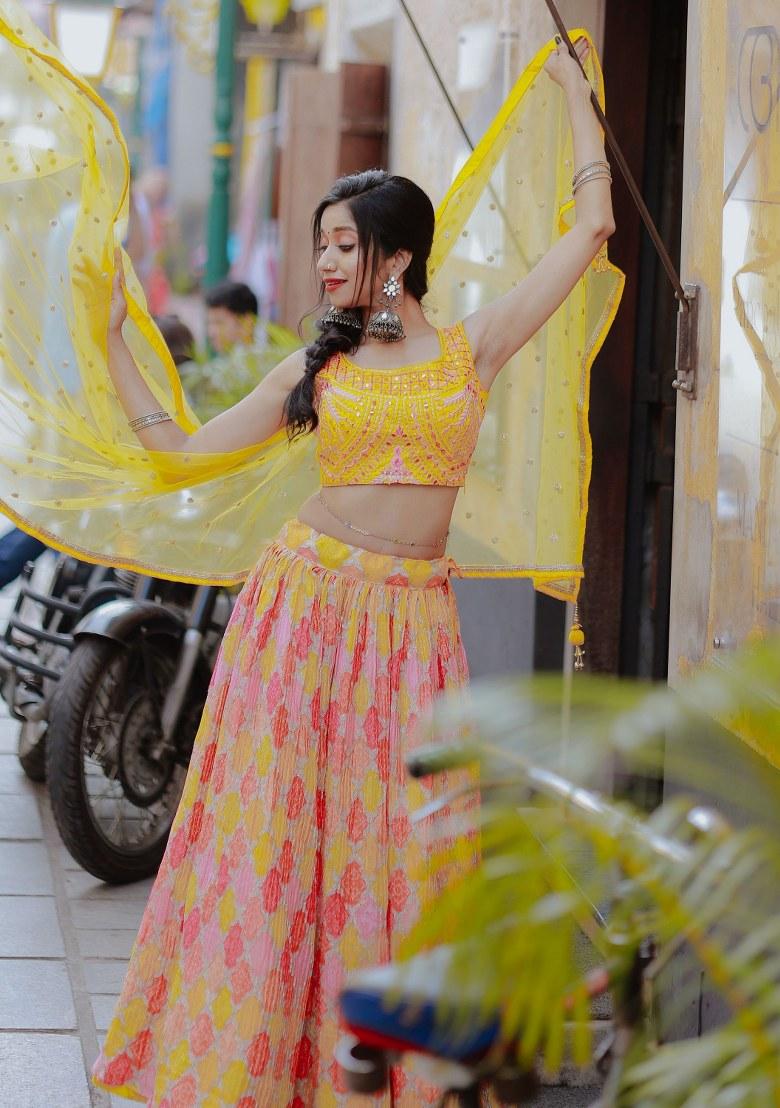 Yellow Printed Organza Lehenga Set With Dupatta