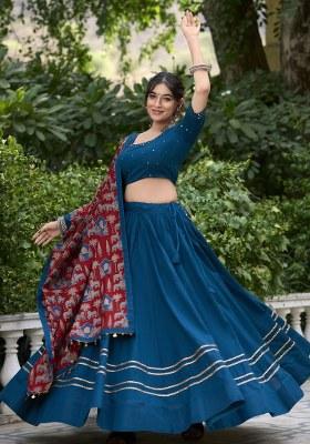 Blue Embroidered Cotton Lehenga Set With Dupatta