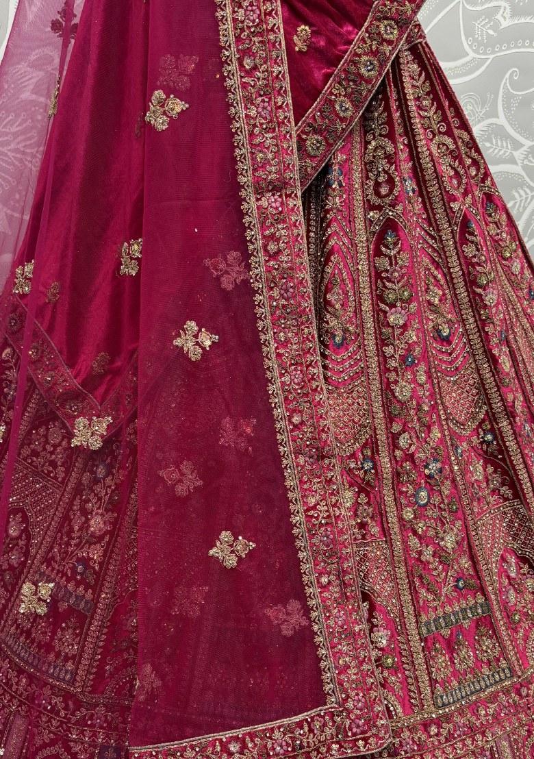 Pink Embroidered Velvet Lehenga Set With Dupatta