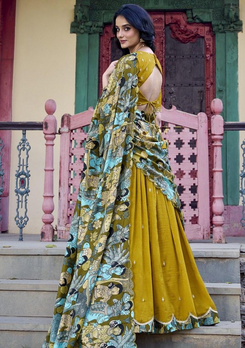 Yellow Printed Silk Lehenga Set With Dupatta