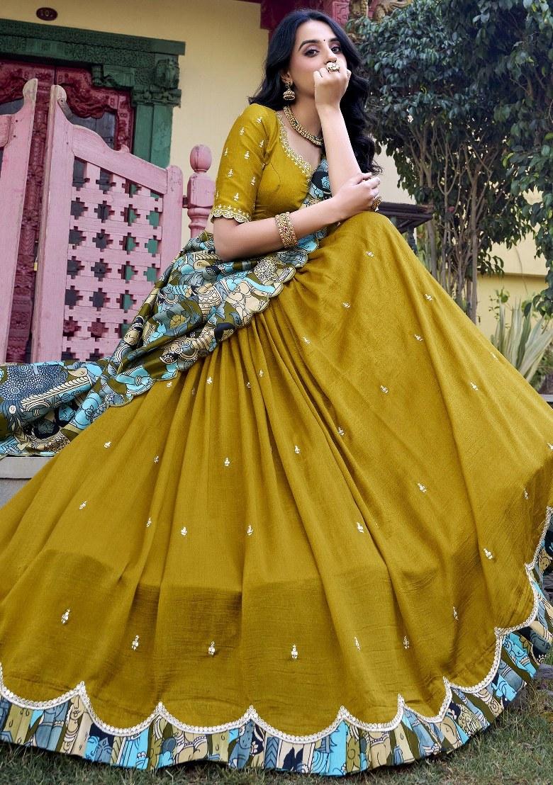 Yellow Printed Silk Lehenga Set With Dupatta