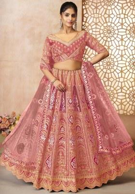 Pink Embroidered Silk Lehenga Set With Dupatta