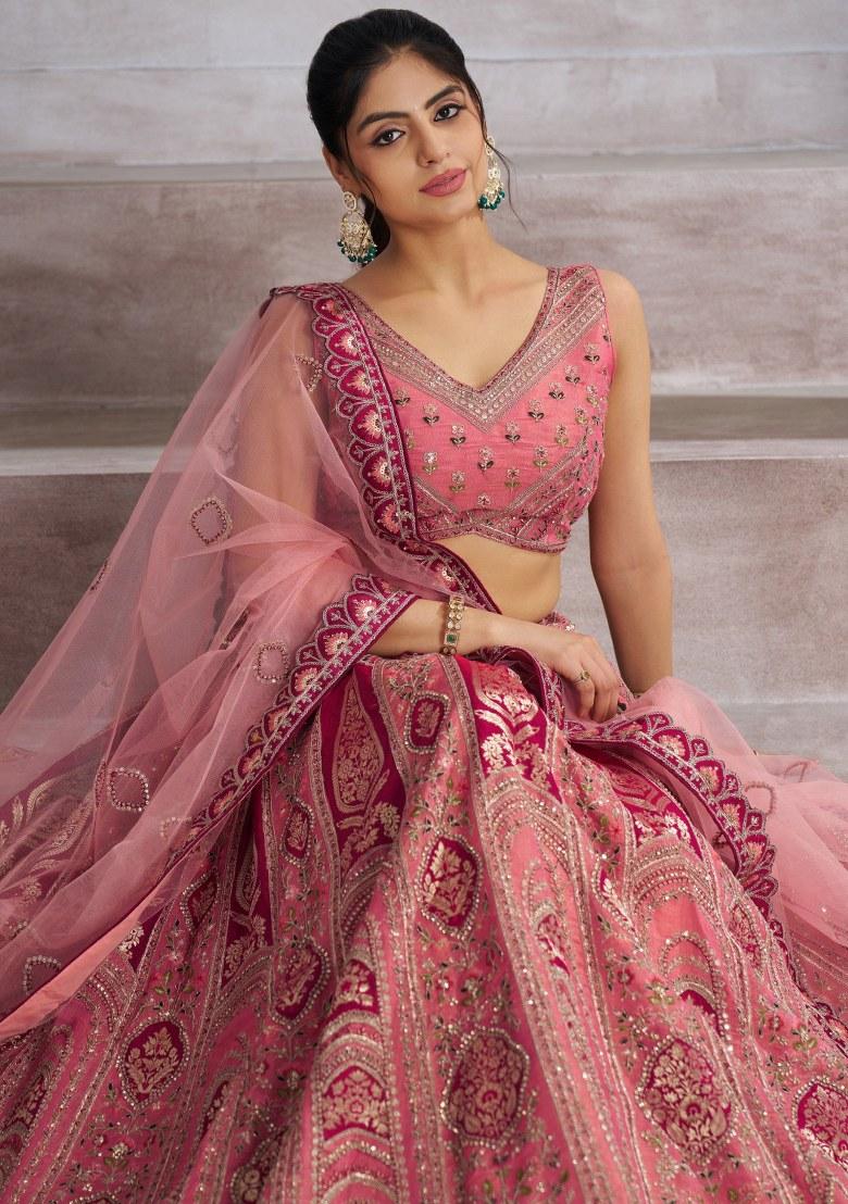 Pink Embroidered Silk Lehenga Set With Dupatta