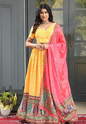 Yellow Digital Print Satin Silk Lehenga Set