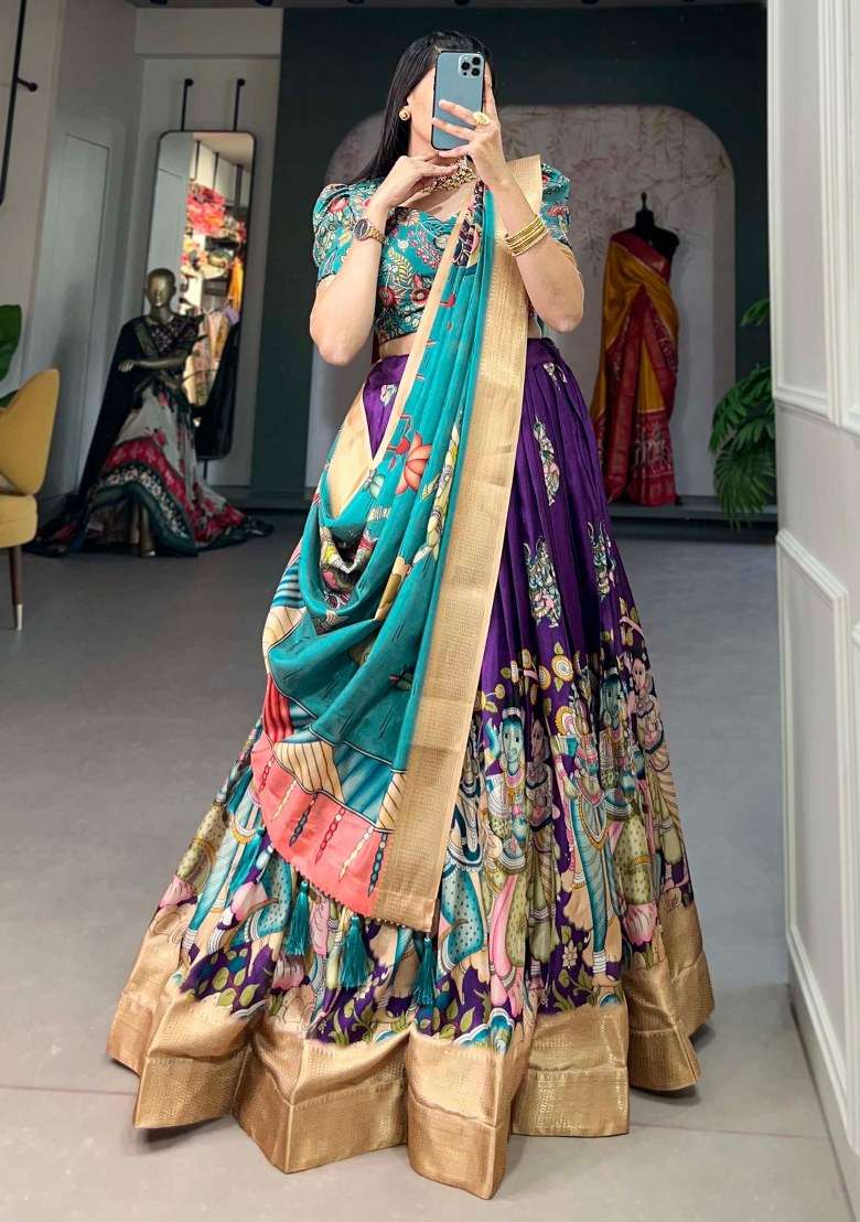 Purple Printed Silk Blend Lehenga Set With Dupatta - Indya