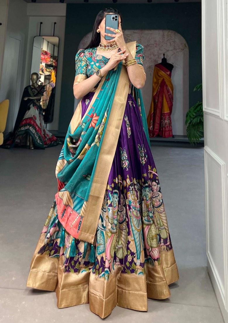 Purple Printed Silk Lehenga Set With Dupatta