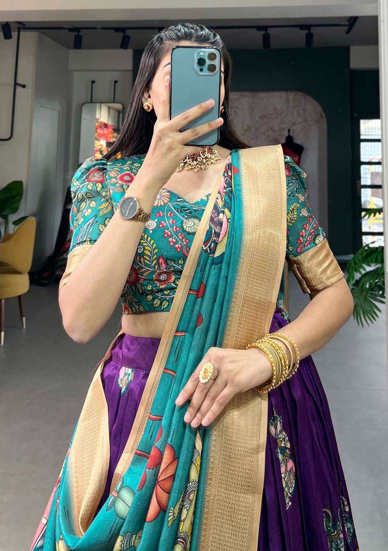 Purple Printed Silk Blend Lehenga Set With Dupatta - Indya