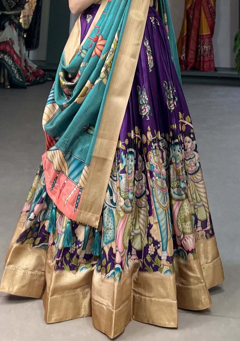 Purple Printed Silk Lehenga Set With Dupatta