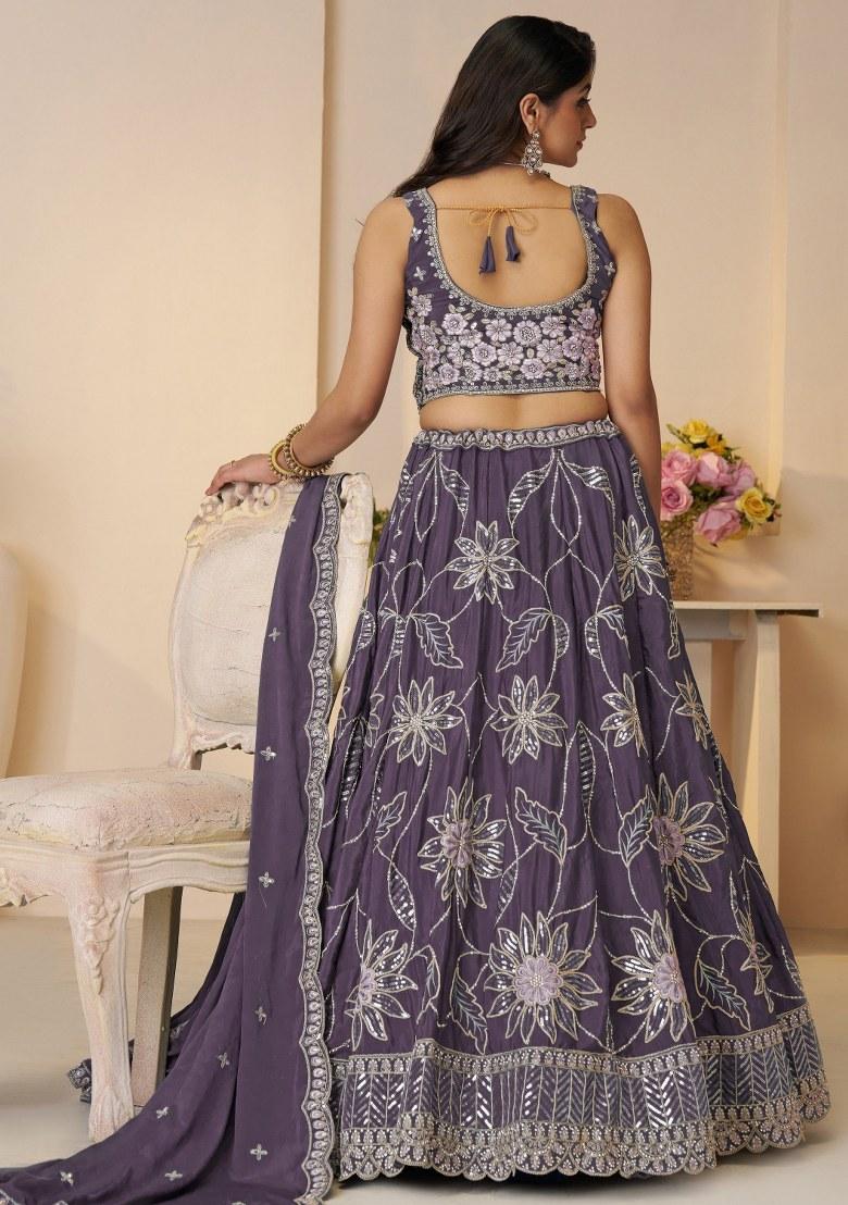 Purple Embroidered Satin Lehenga Set With Dupatta