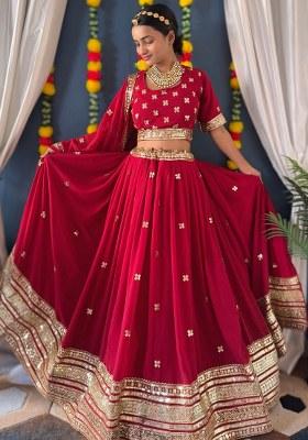 Red Embroidered Georgette Lehenga Set With Dupatta
