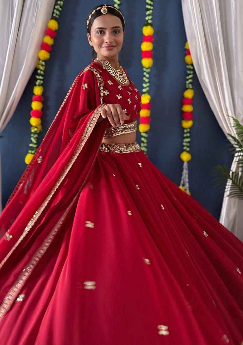 Red Embroidered Georgette Lehenga Set With Dupatta