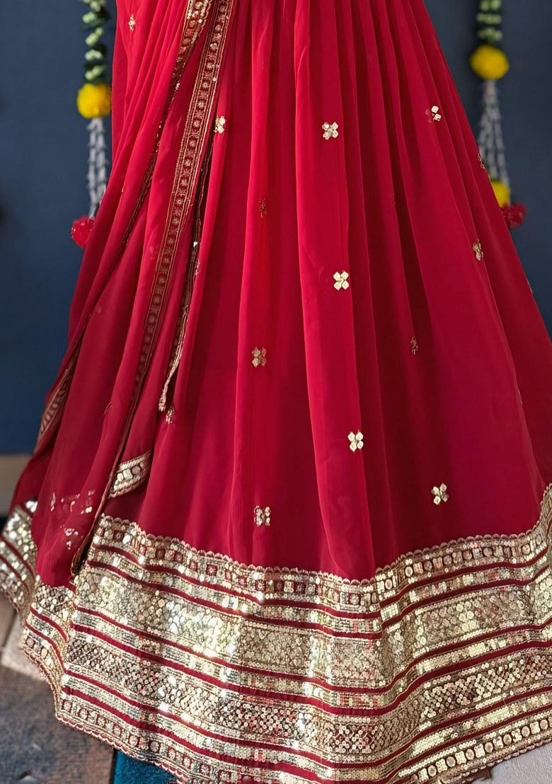 Red Embroidered Georgette Lehenga Set With Dupatta