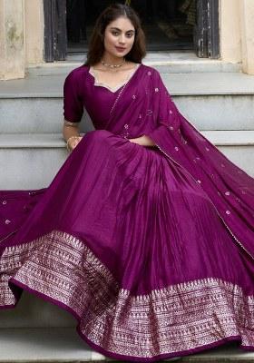 Wine Embroidered Chanderi Lehenga Set With Dupatta
