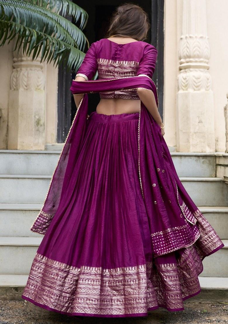 Wine Embroidered Chanderi Lehenga Set With Dupatta