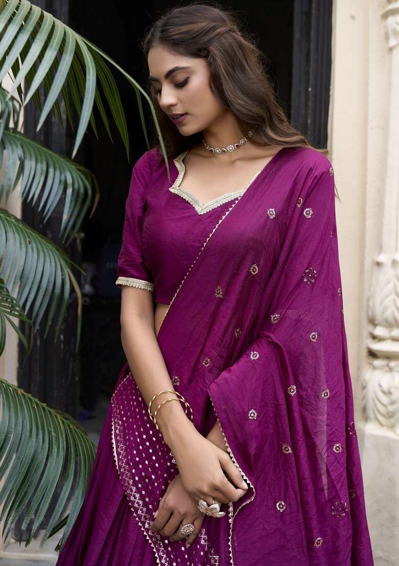 Wine Chanderi With Dupatta Lehenga Set with Embroidered for Diwali | Wedding & Festive Wear - Indya
