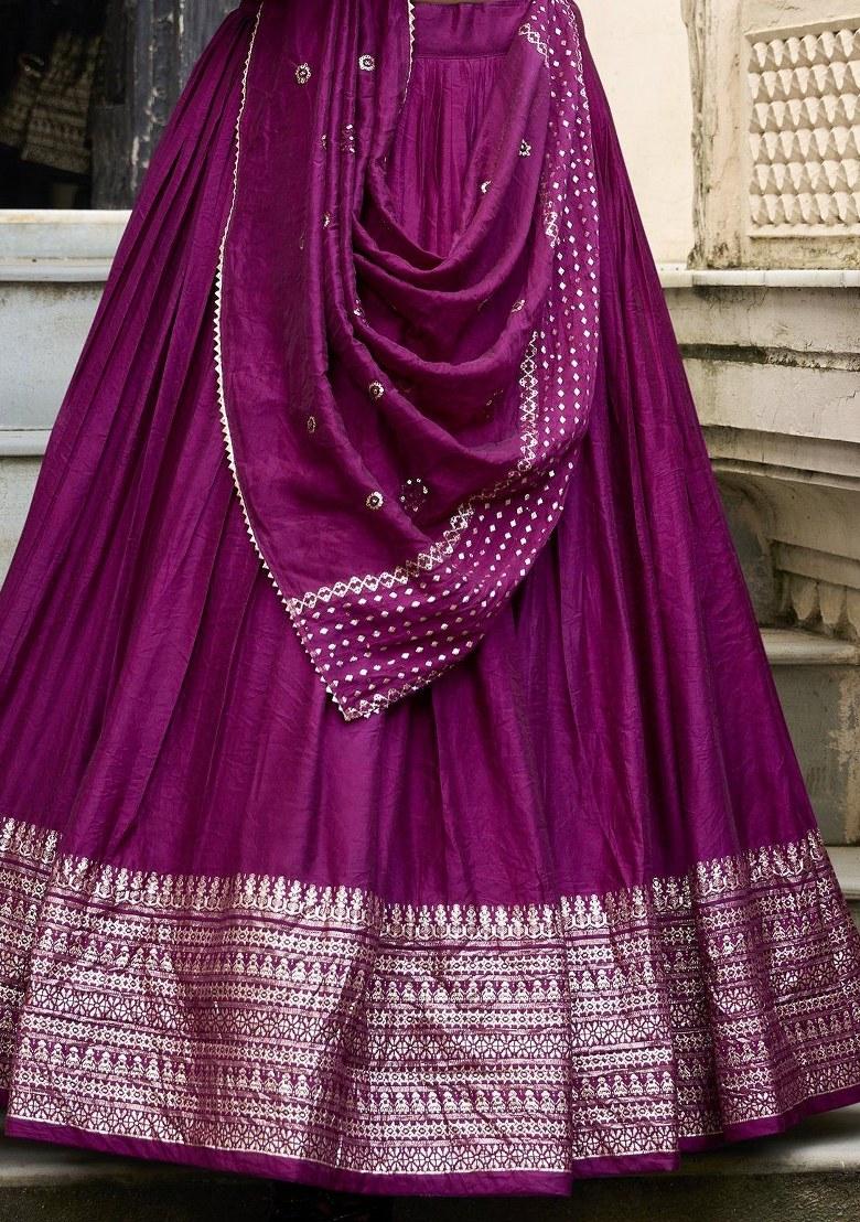 Wine Embroidered Chanderi Lehenga Set With Dupatta