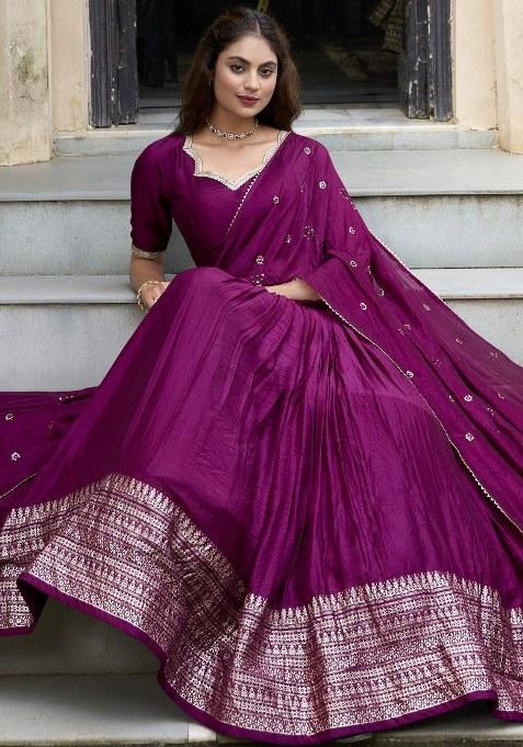 Wine Embroidered Chanderi Lehenga Set With Dupatta — view on Indya