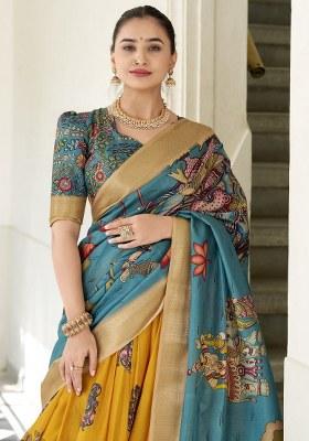 Yellow Printed Silk Lehenga Set With Dupatta