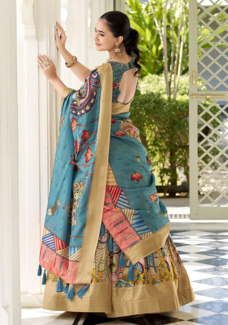 Yellow Printed Silk Lehenga Set With Dupatta