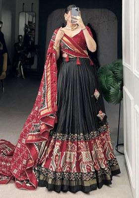 Black Printed Silk Lehenga Set With Dupatta