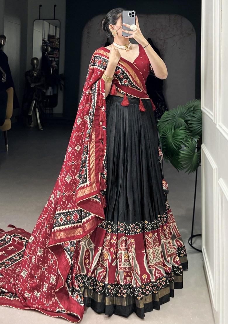 Black Printed Silk Lehenga Set With Dupatta