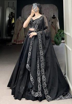 Black Embroidered Satin Lehenga Set With Dupatta