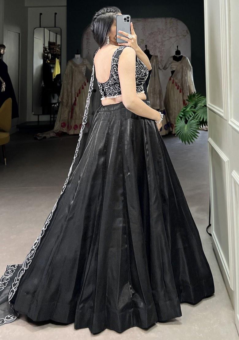 Black Embroidered Satin Lehenga Set With Dupatta