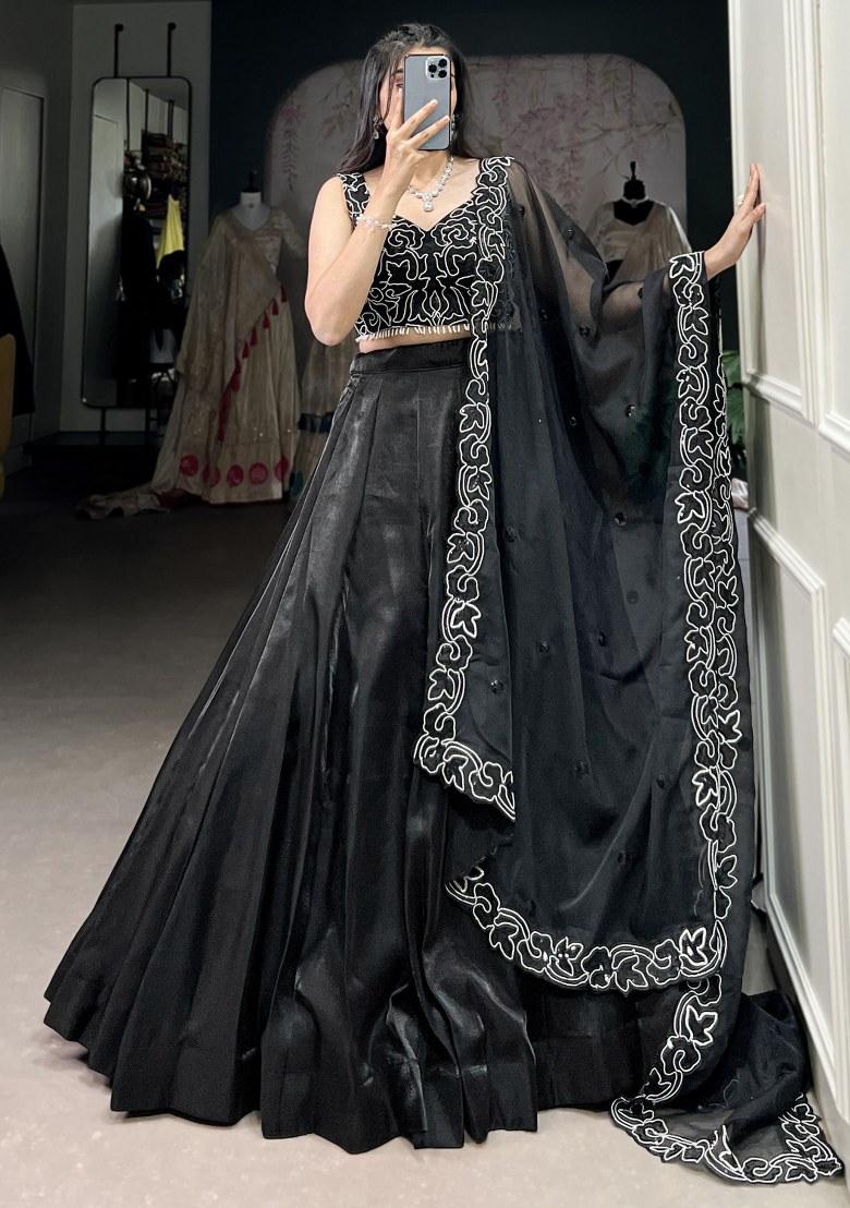 Black Embroidered Satin Lehenga Set With Dupatta