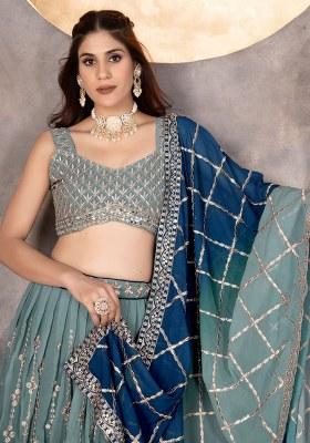 Blue Embroidered Georgette Lehenga Set With Dupatta