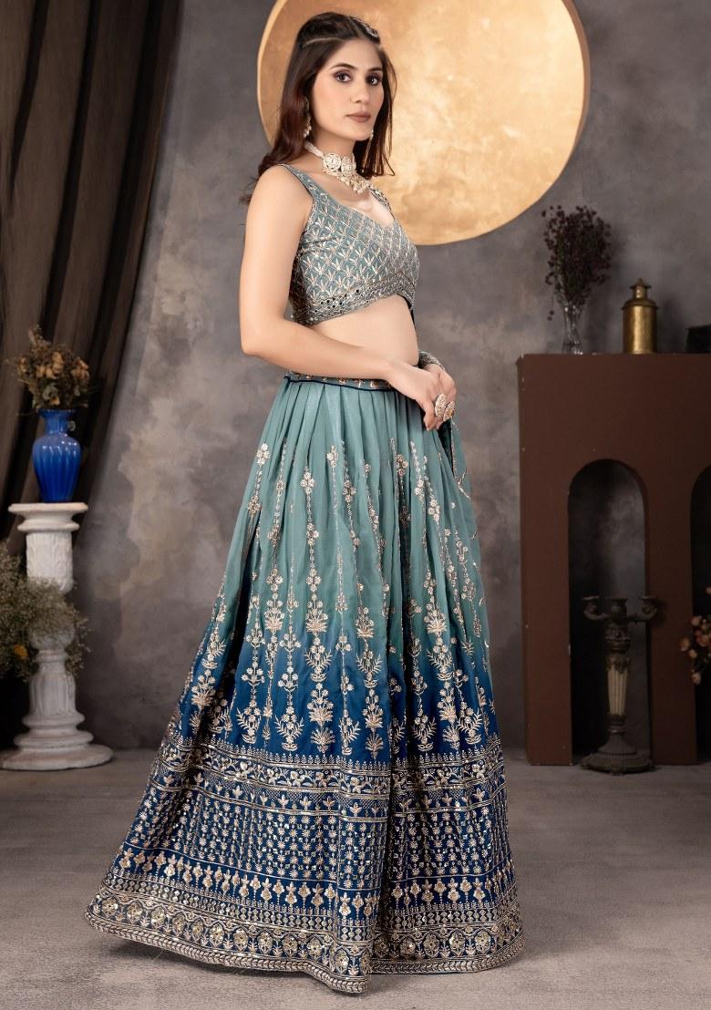 Blue Embroidered Georgette Lehenga Set With Dupatta