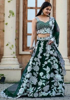 Green Embroidered Georgette Lehenga Set With Dupatta
