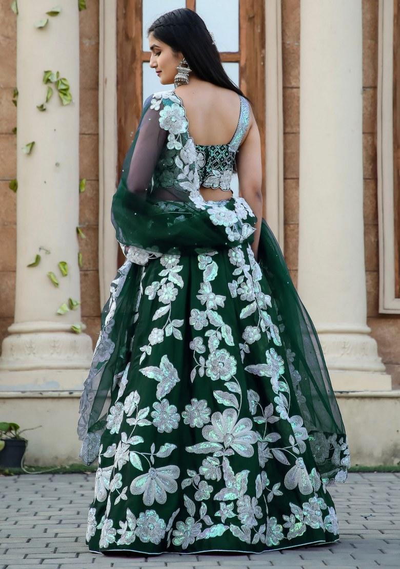 Green Embroidered Georgette Lehenga Set With Dupatta