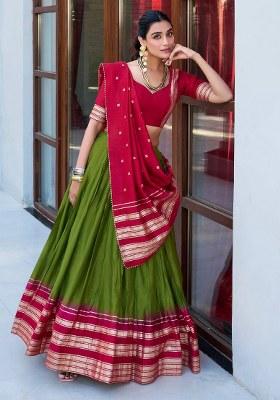 Green Embroidered Chanderi Lehenga Set With Dupatta
