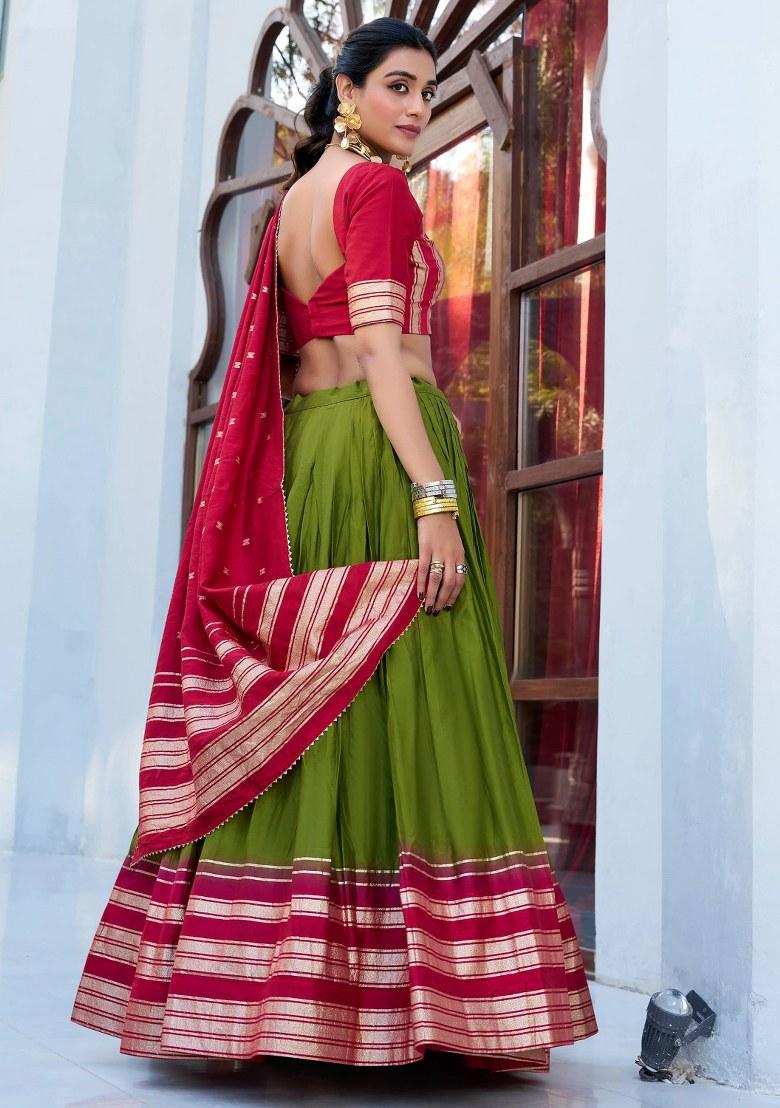 Green Embroidered Chanderi Lehenga Set With Dupatta