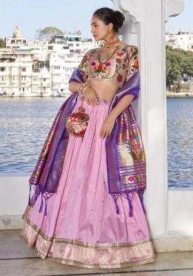Pink Embroidered Silk Lehenga Set With Dupatta