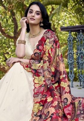 Off White Printed Silk Lehenga Set With Dupatta
