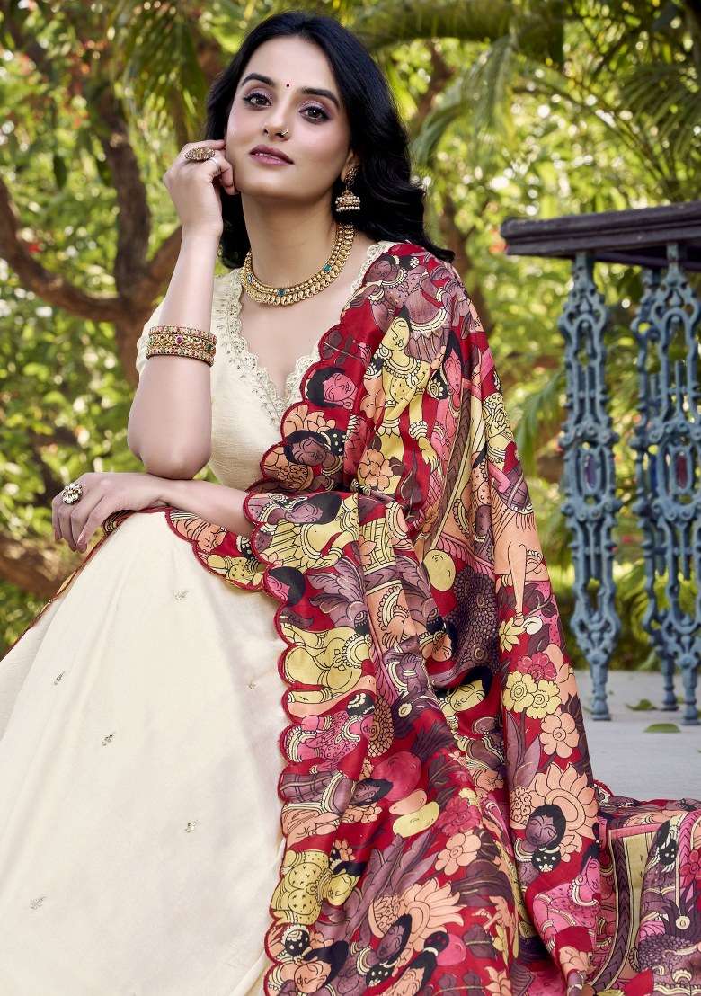 Off White With Dupatta Silk Blend Lehenga Set with Printed for Diwali | Wedding & Festive Wear - Indya