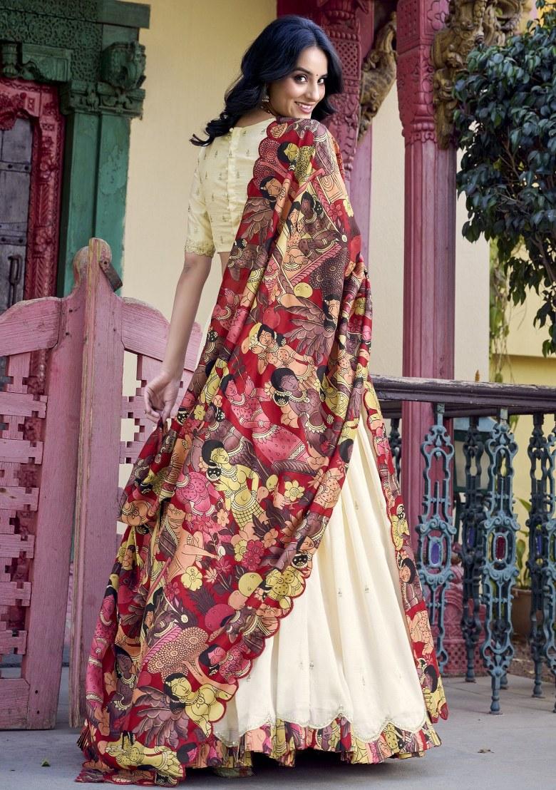 Off White Printed Silk Lehenga Set With Dupatta