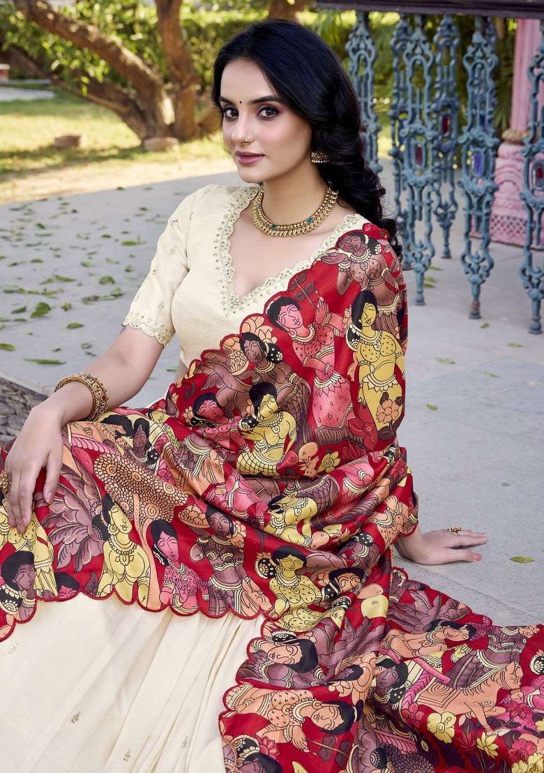 Off White With Dupatta Silk Blend Lehenga Set with Printed for Diwali | Wedding & Festive Wear - Indya