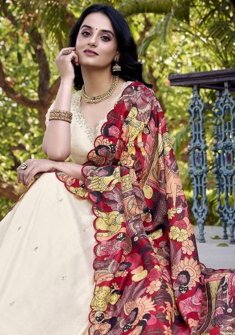 Off White Printed Silk Lehenga Set With Dupatta — view on Indya